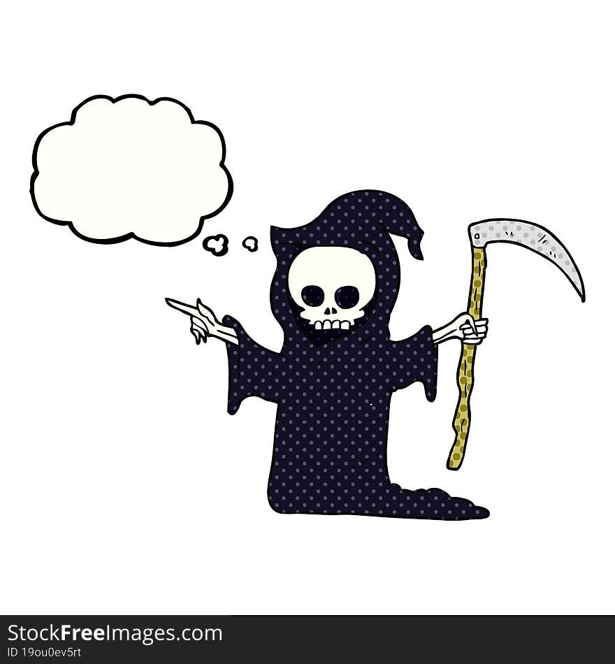 freehand drawn thought bubble cartoon death with scythe