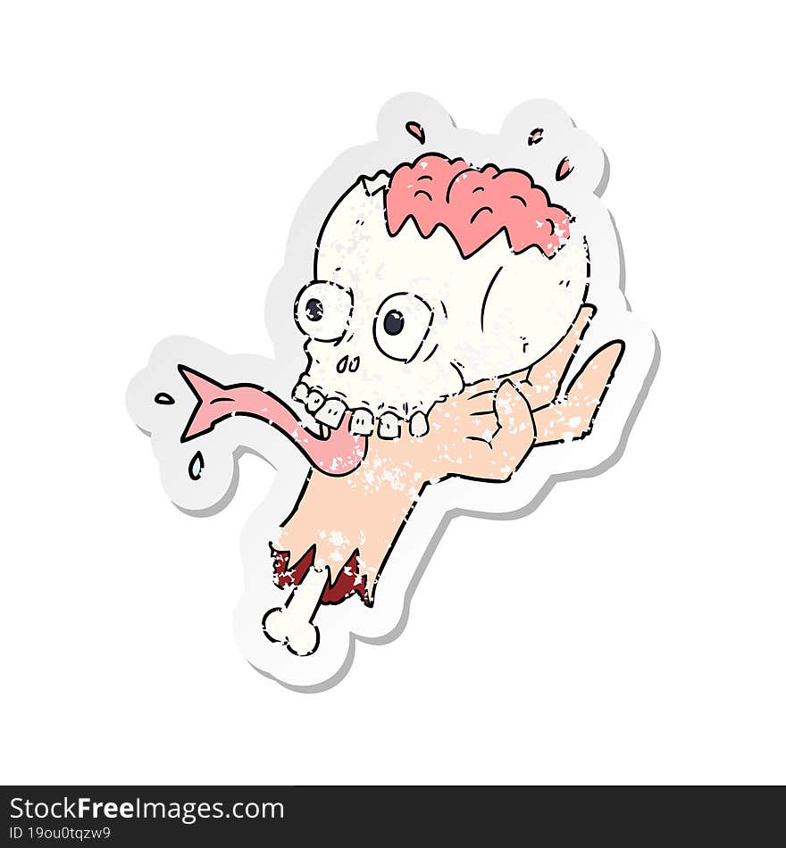 distressed sticker of a cartoon halloween skull in zombie hand