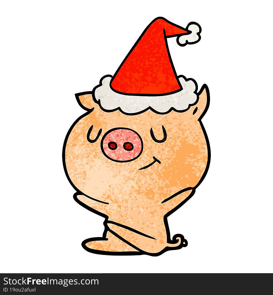 happy hand drawn textured cartoon of a pig wearing santa hat. happy hand drawn textured cartoon of a pig wearing santa hat