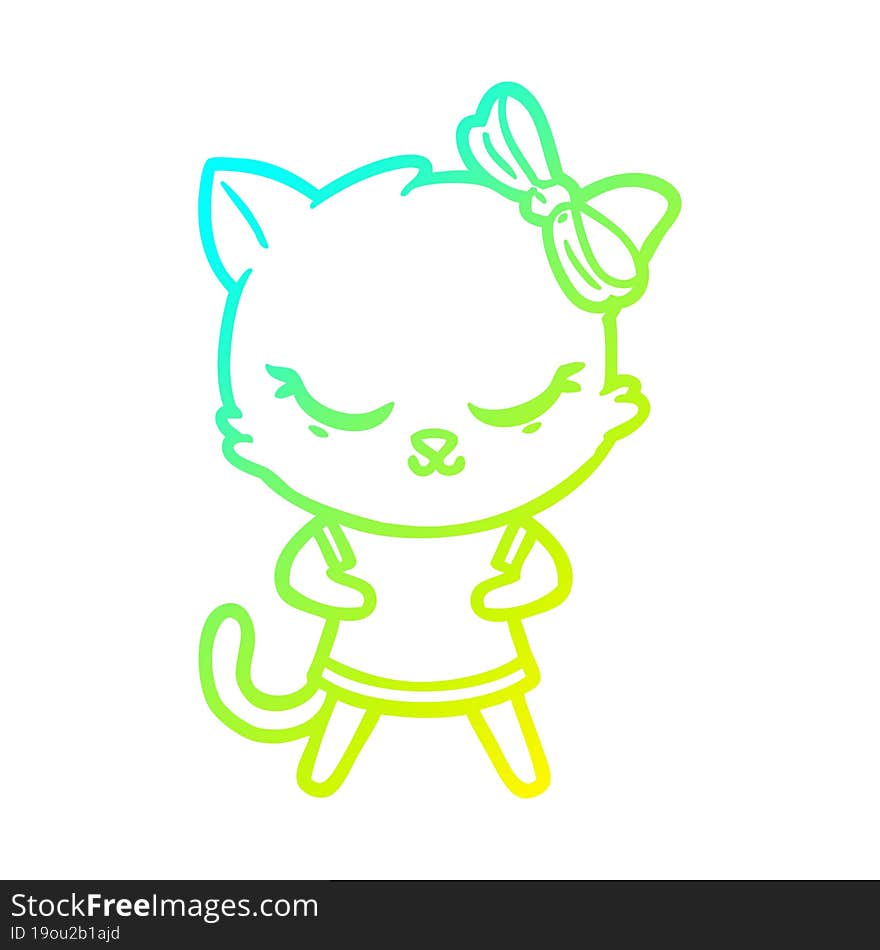 cold gradient line drawing cute cartoon cat with bow