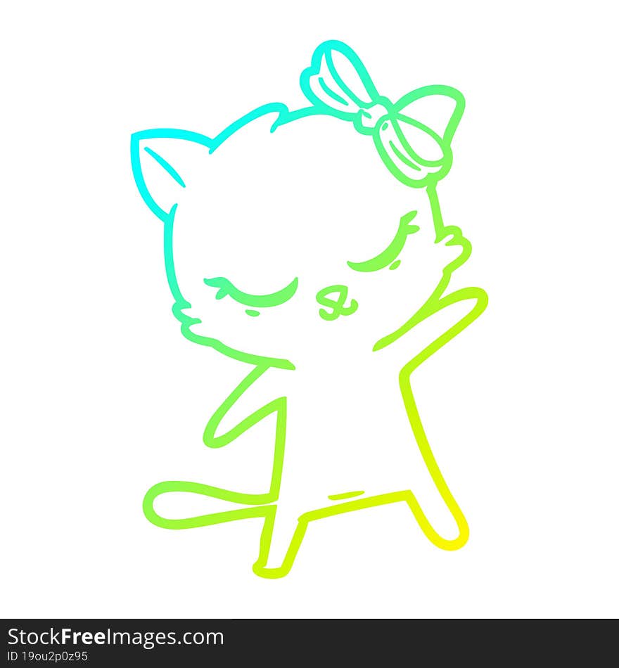 cold gradient line drawing cute cartoon cat with bow