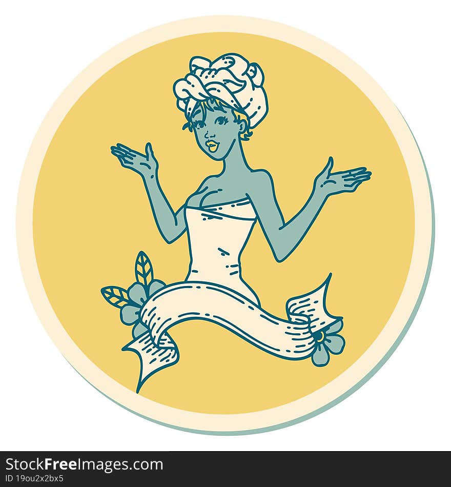 tattoo style sticker of a pinup girl in towel with banner