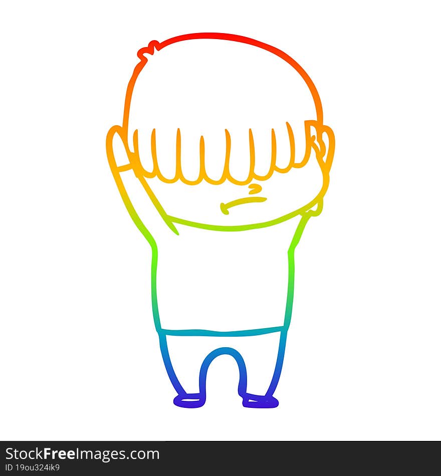 rainbow gradient line drawing of a cartoon boy with untidy hair