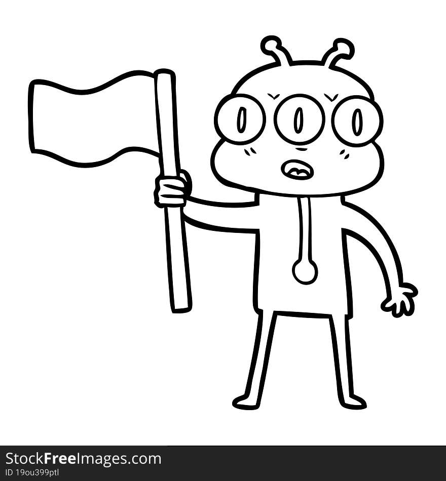 cartoon three eyed alien waving flag. cartoon three eyed alien waving flag