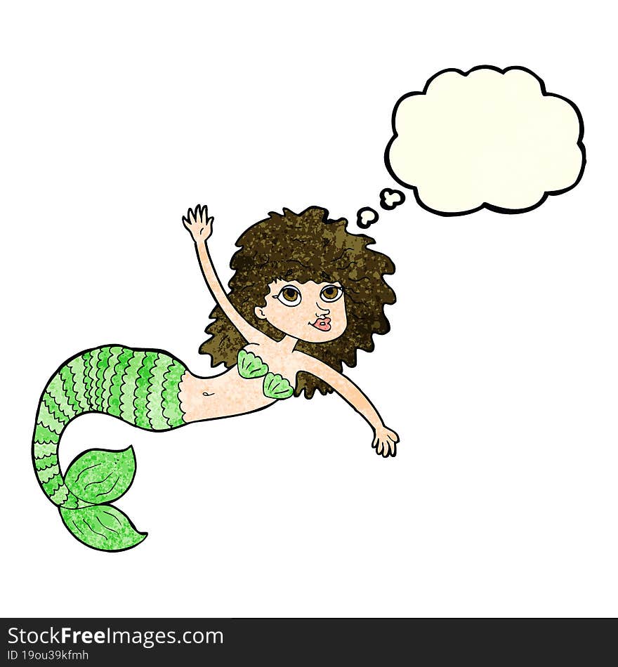 cartoon pretty mermaid waving with thought bubble