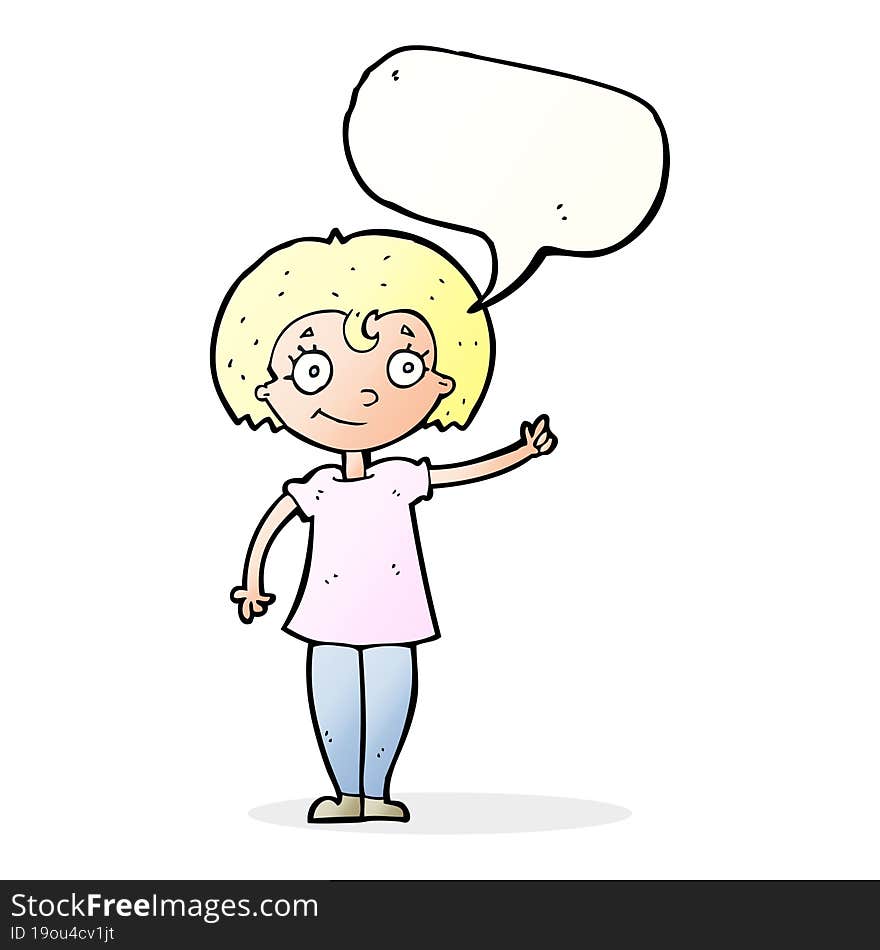 cartoon happy woman pointing with speech bubble