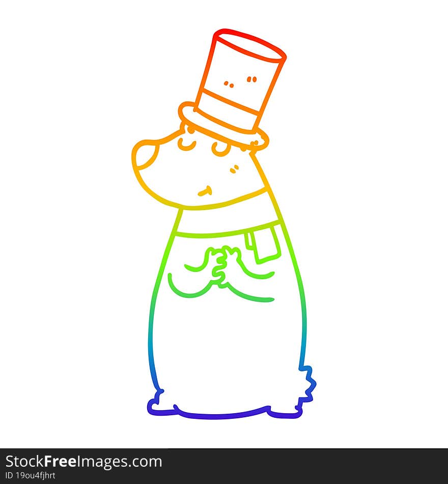 rainbow gradient line drawing cartoon bear in top hat