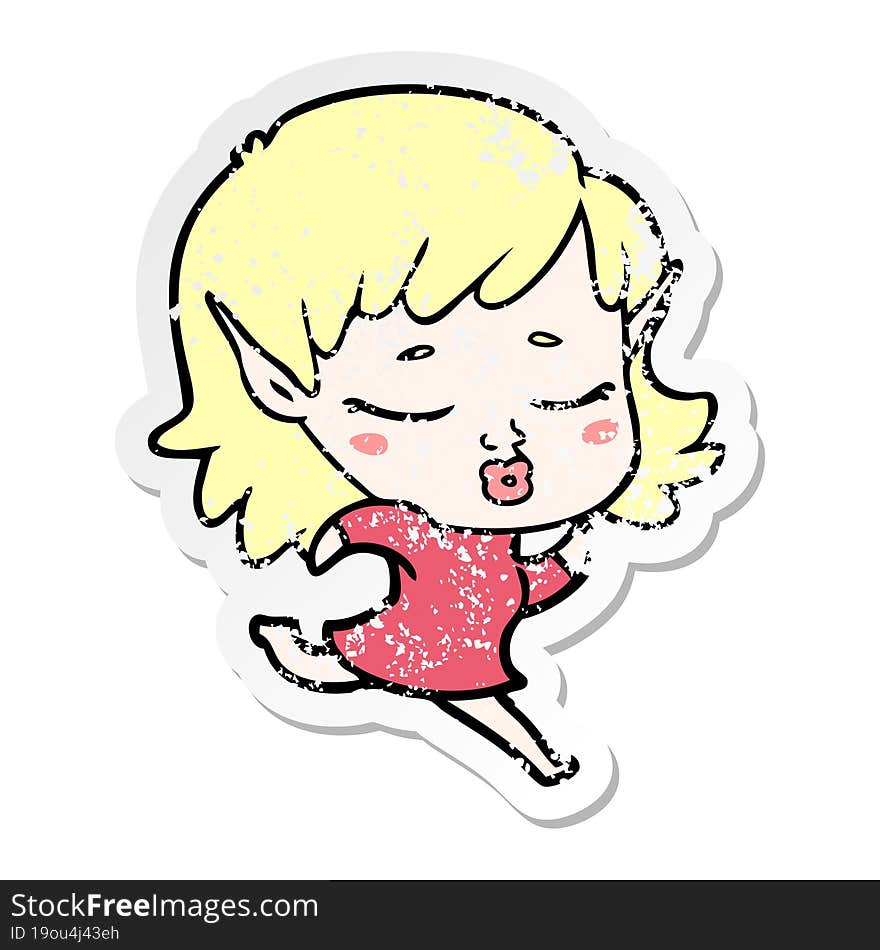 distressed sticker of a pretty cartoon elf girl running