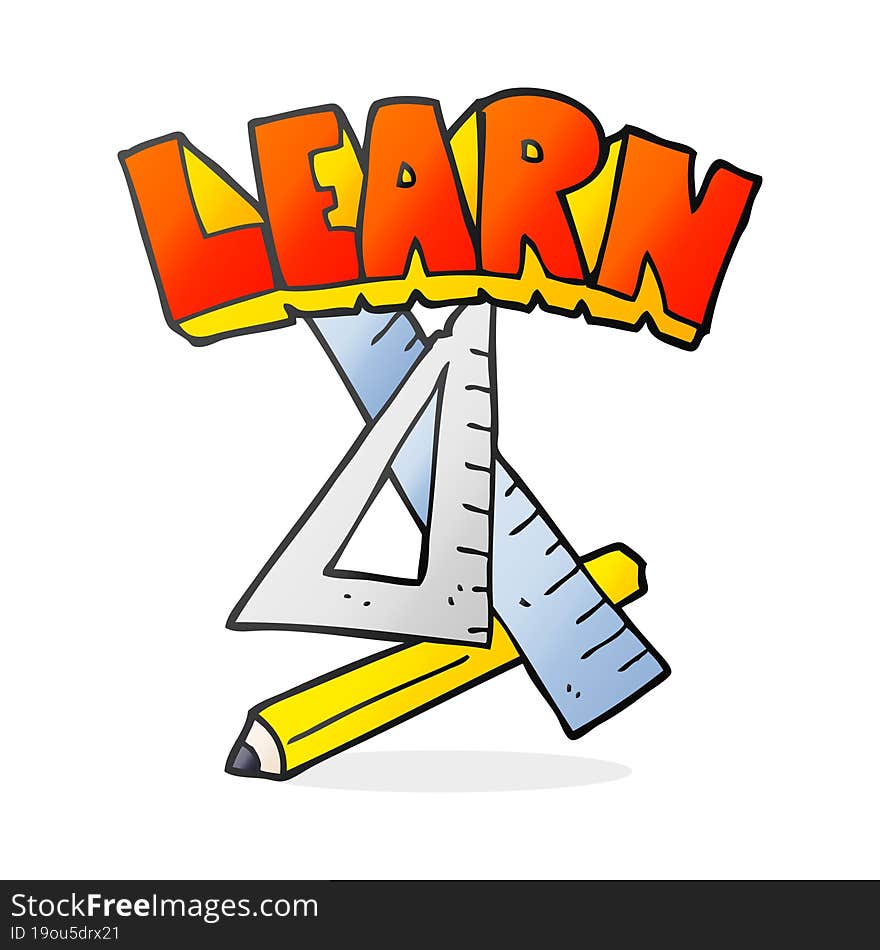 cartoon pencil and ruler under Learn symbol