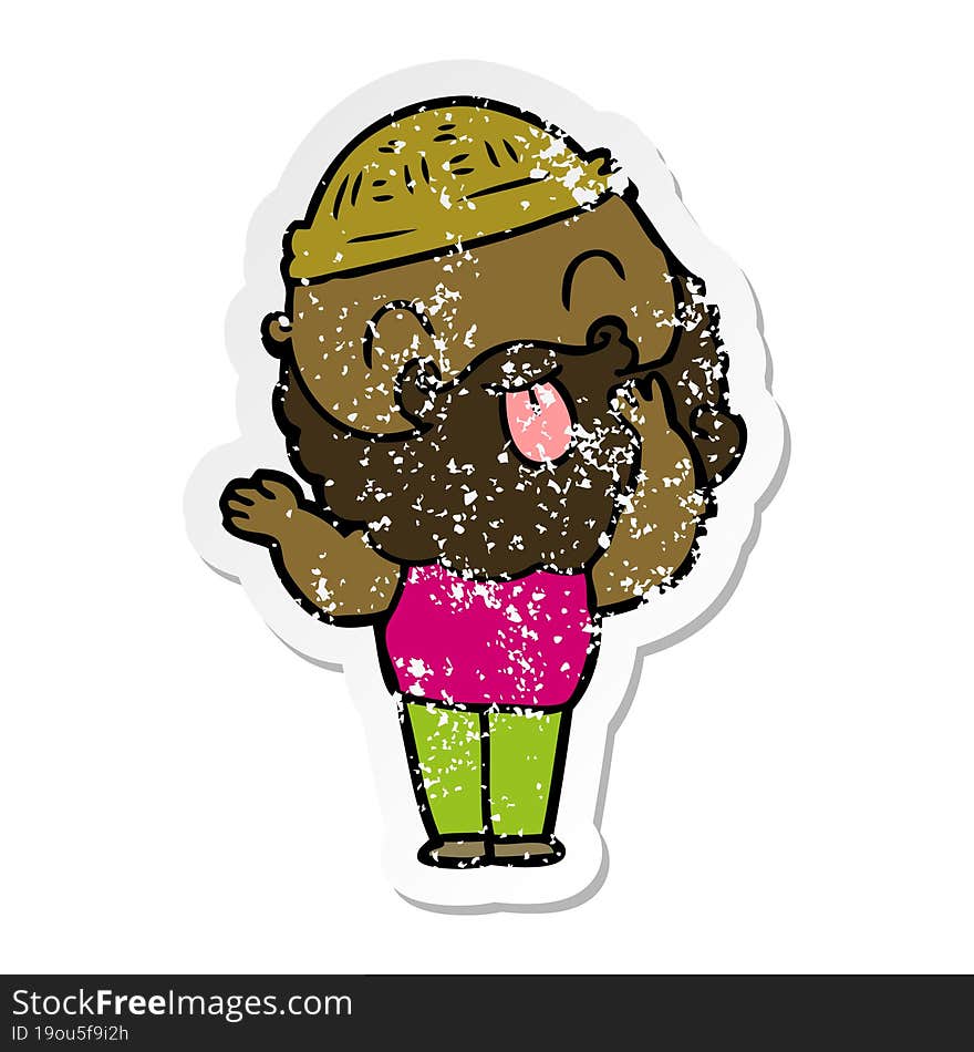 distressed sticker of a man with beard sticking out tongue