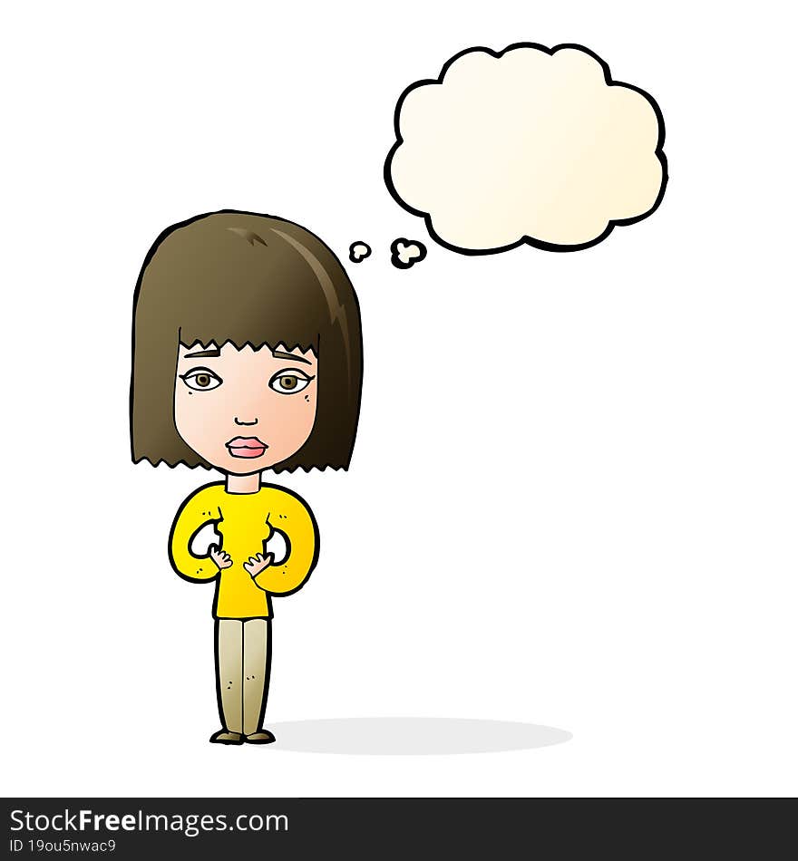 cartoon woman indicating self with thought bubble