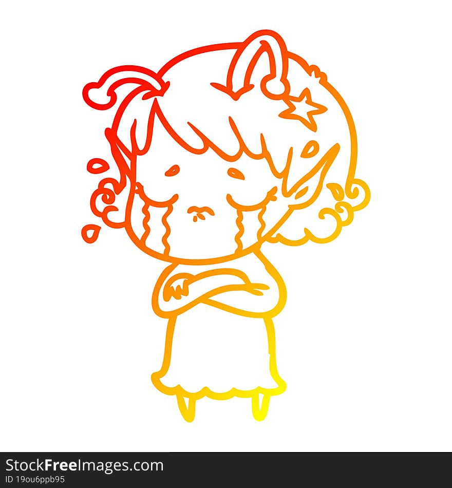 warm gradient line drawing cartoon crying alien girl