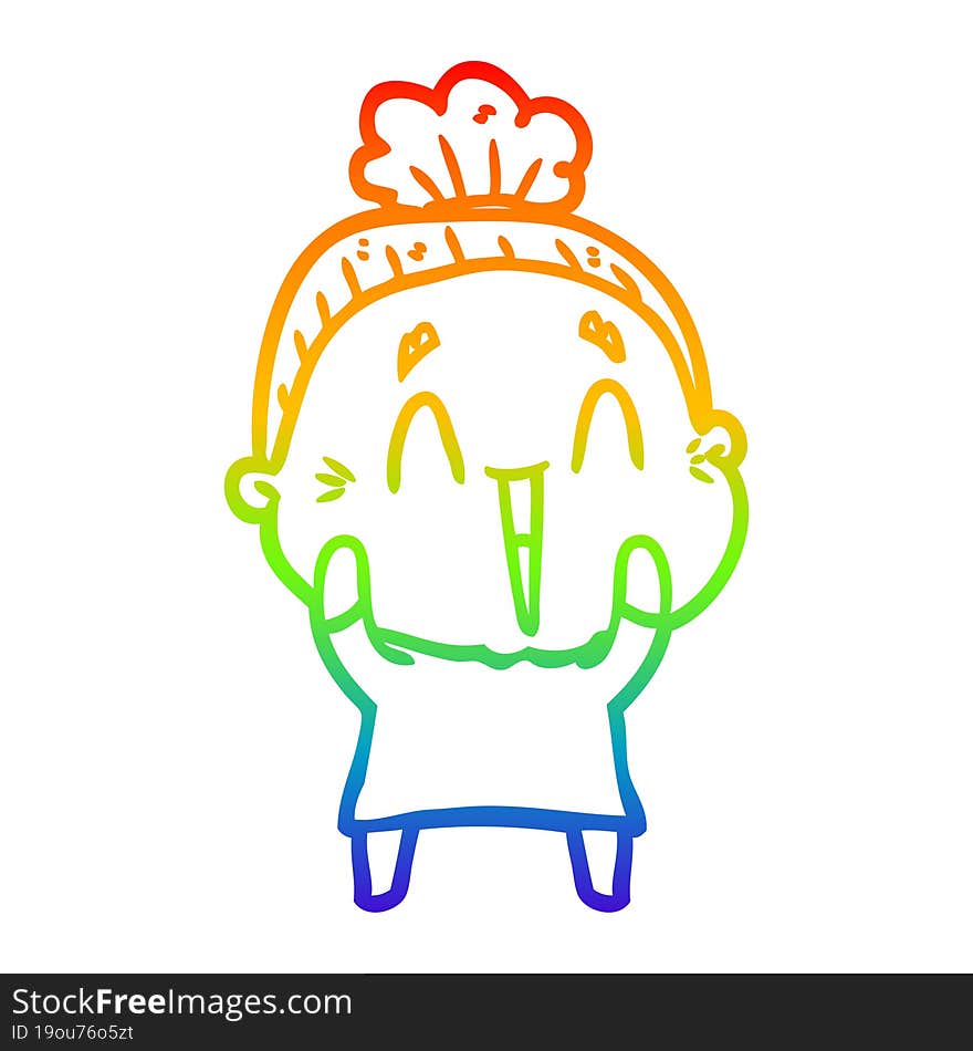 rainbow gradient line drawing of a cartoon happy old lady