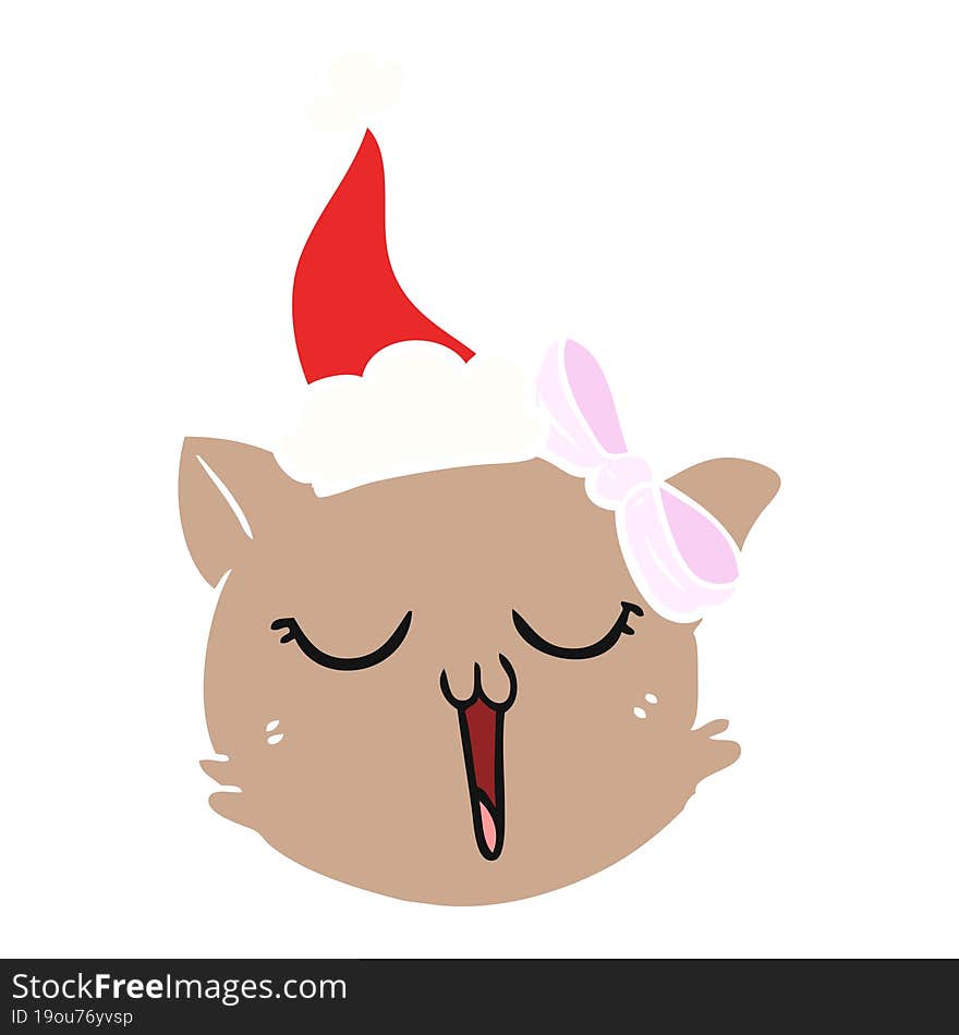 hand drawn flat color illustration of a cat face wearing santa hat