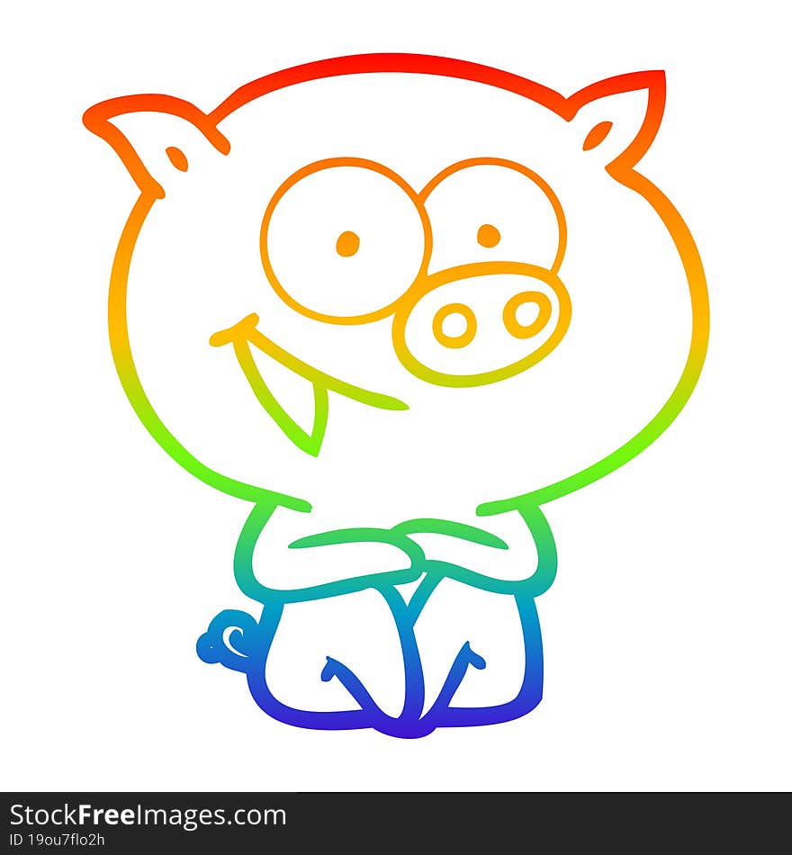 rainbow gradient line drawing of a cheerful sitting pig cartoon