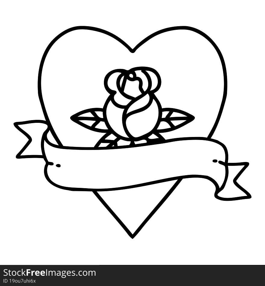 tattoo in black line style of a heart rose and banner. tattoo in black line style of a heart rose and banner