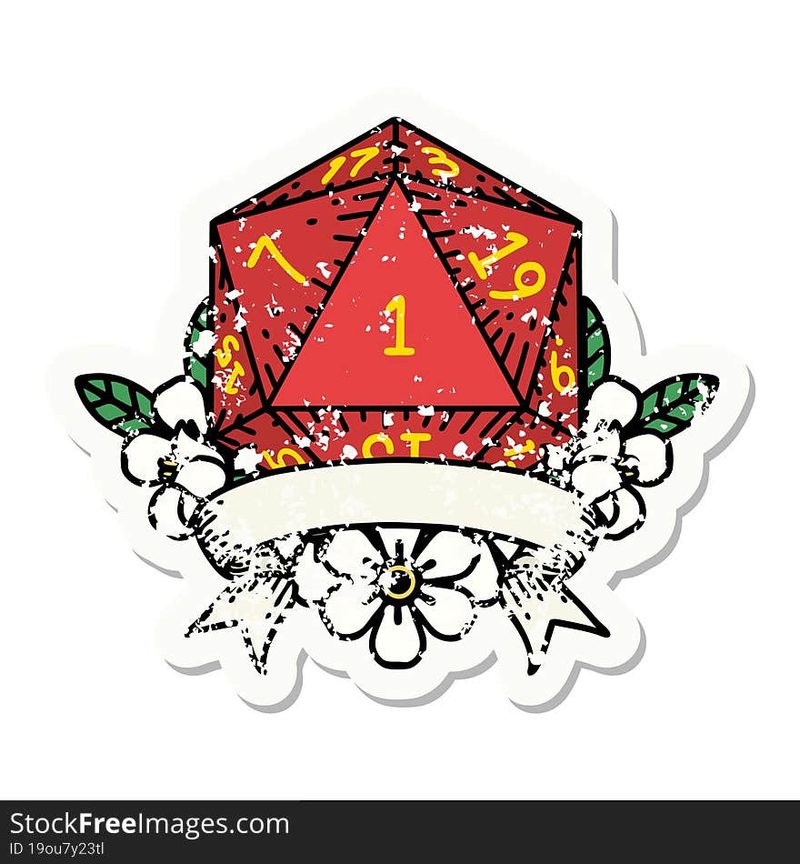 natural one d20 dice roll grunge sticker