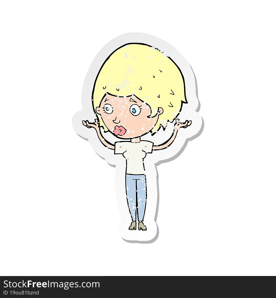 retro distressed sticker of a cartoon woman raising hands in air