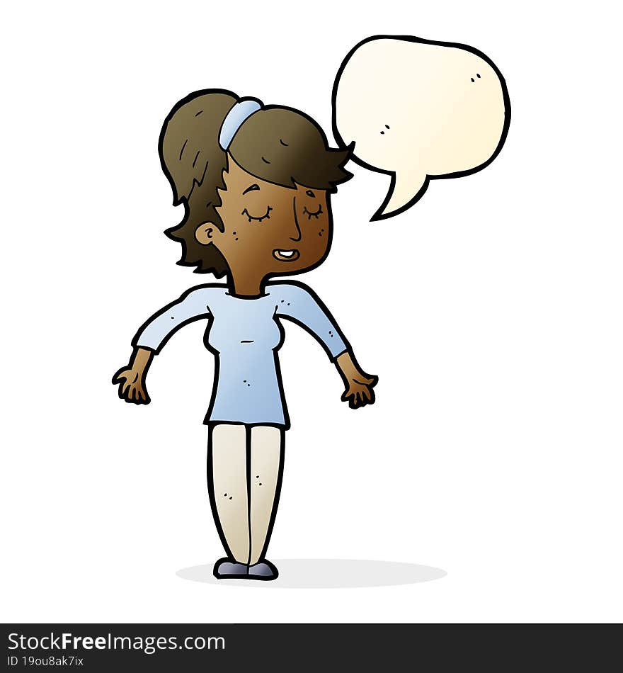 cartoon friendly woman shrugging shoulders with speech bubble