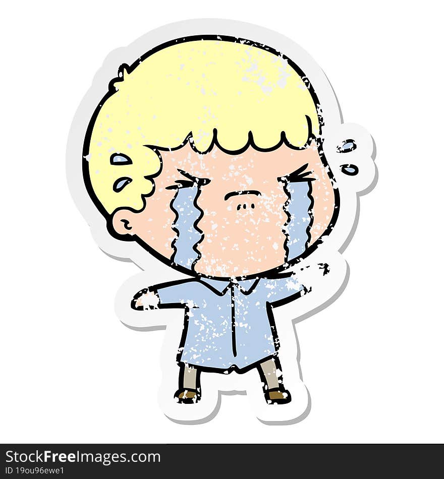 distressed sticker of a cartoon man crying