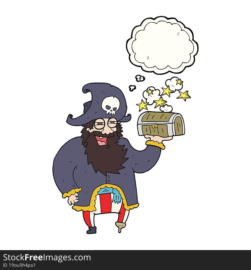 thought bubble cartoon pirate captain with treasure chest