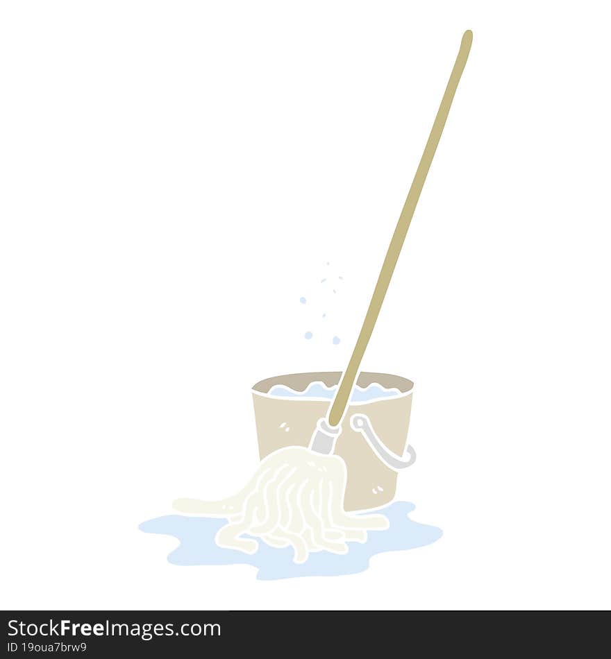 Flat Color Illustration Of A Cartoon Mop And Bucket