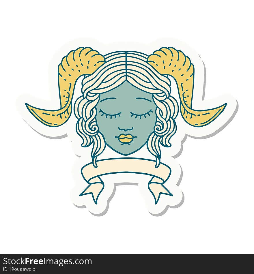 sticker of a tiefling character face with scroll banner. sticker of a tiefling character face with scroll banner