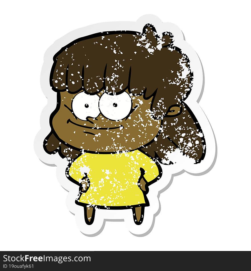 distressed sticker of a cartoon smiling woman