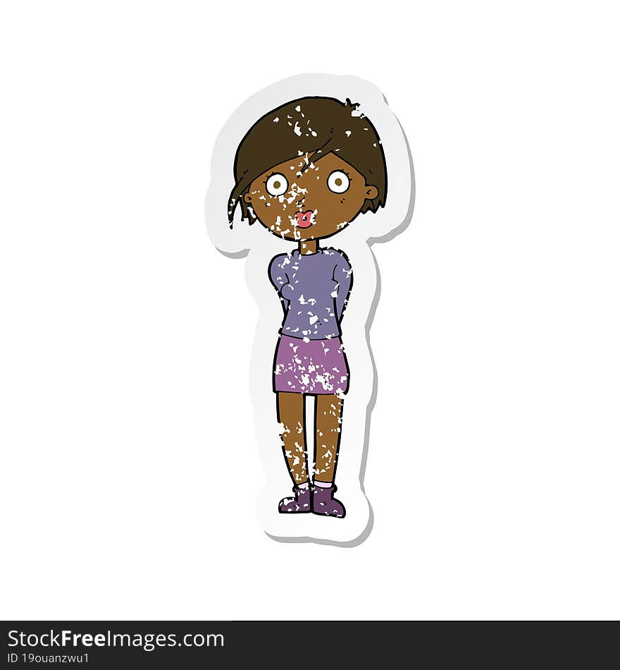 retro distressed sticker of a cartoon surprised girl