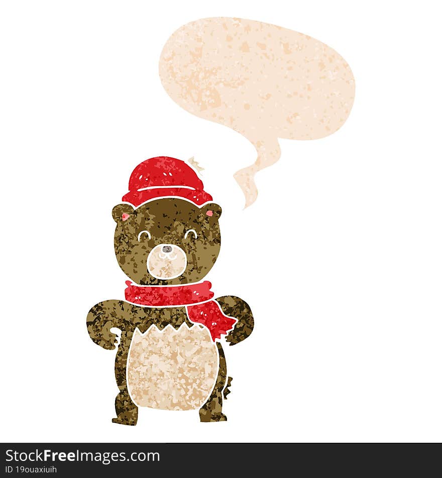 cute cartoon bear and speech bubble in retro textured style