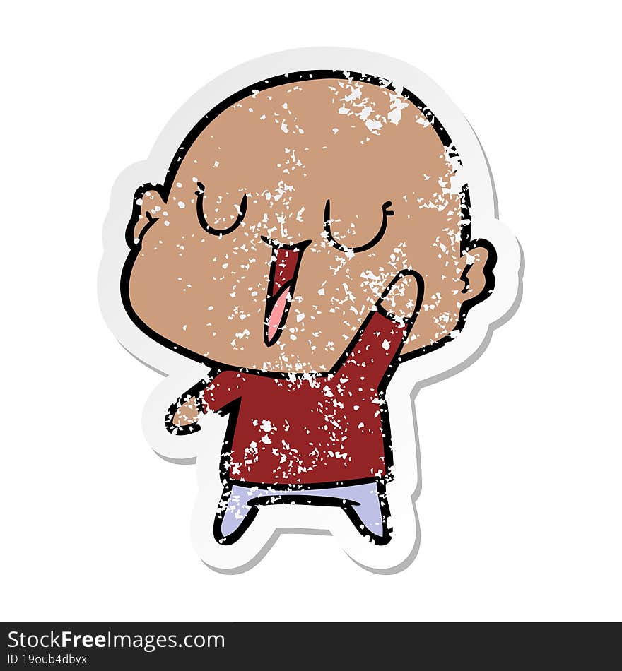 distressed sticker of a happy cartoon bald man