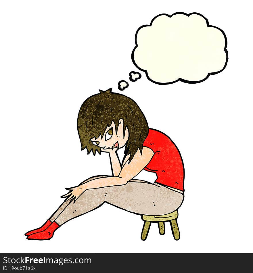 cartoon woman sitting on small stool with thought bubble