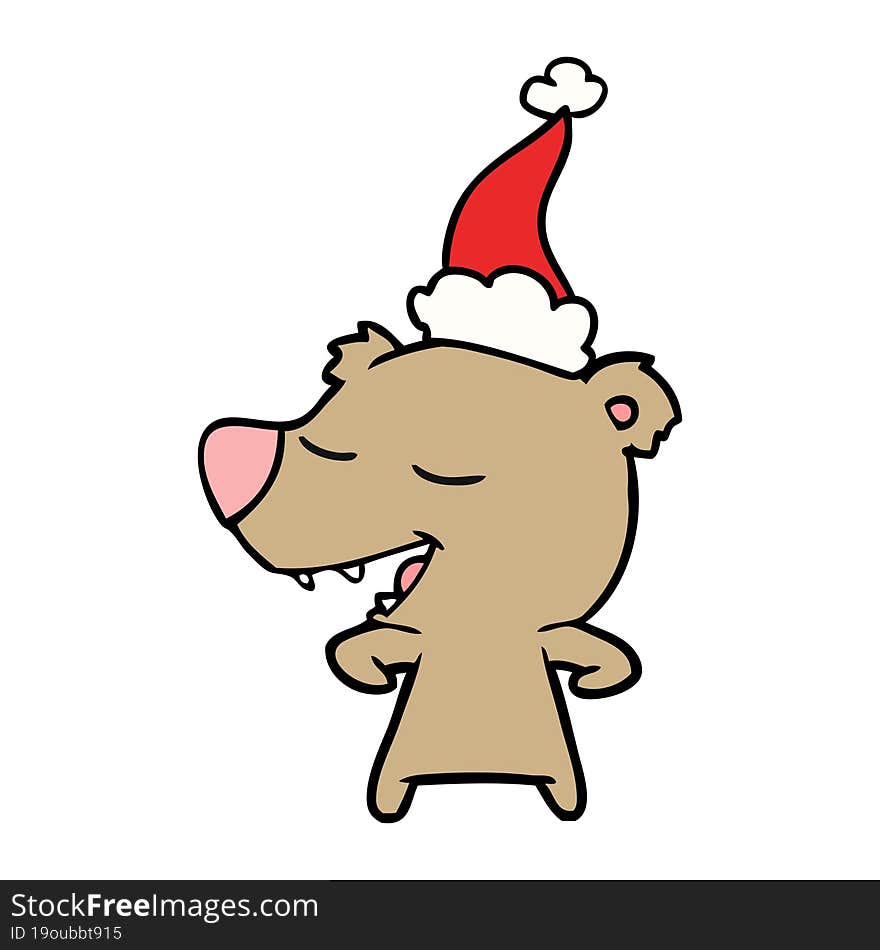 line drawing of a bear wearing santa hat