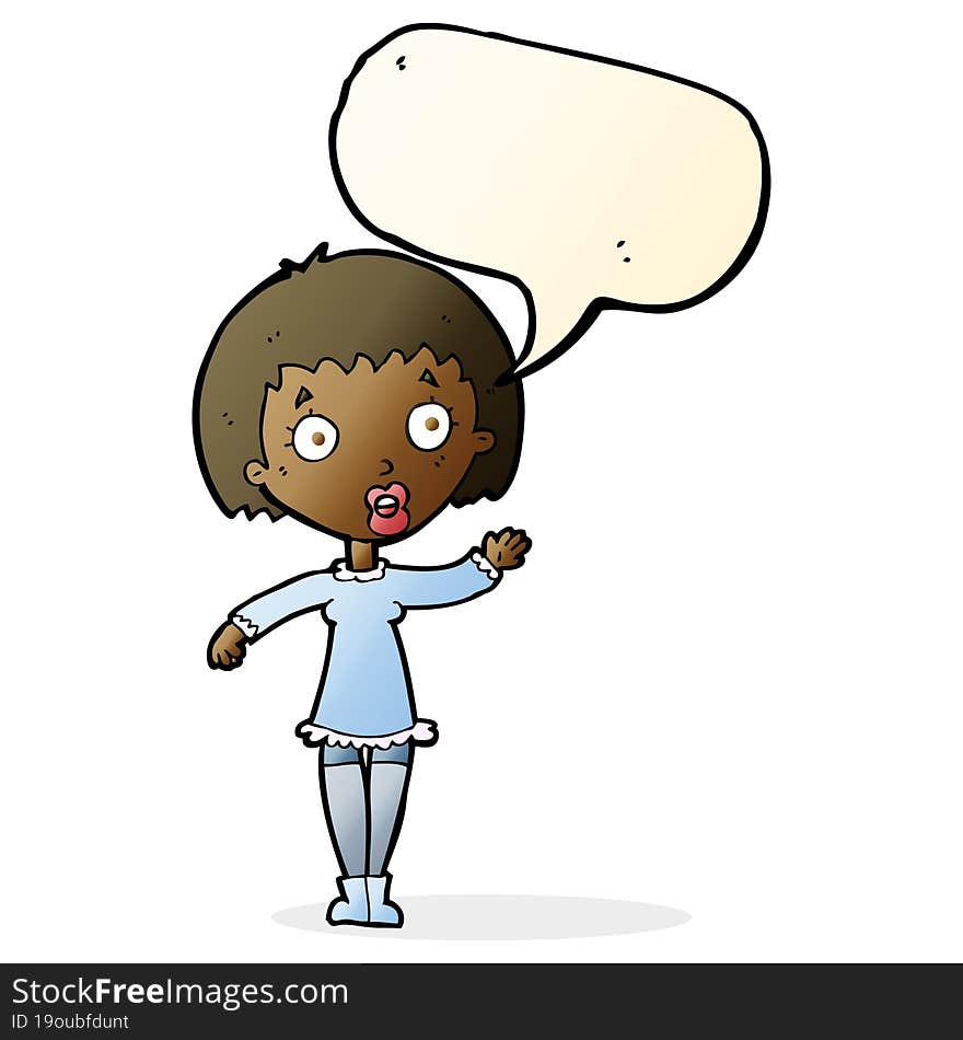 cartoon waving woman with speech bubble