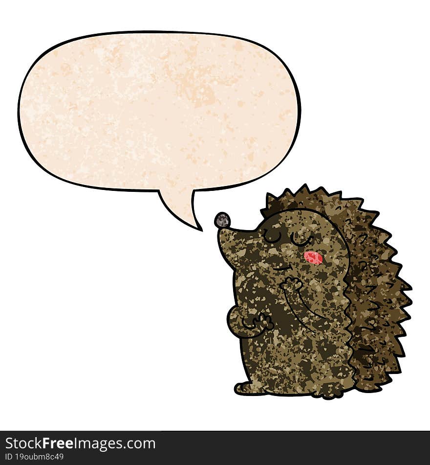 cute cartoon hedgehog and speech bubble in retro texture style