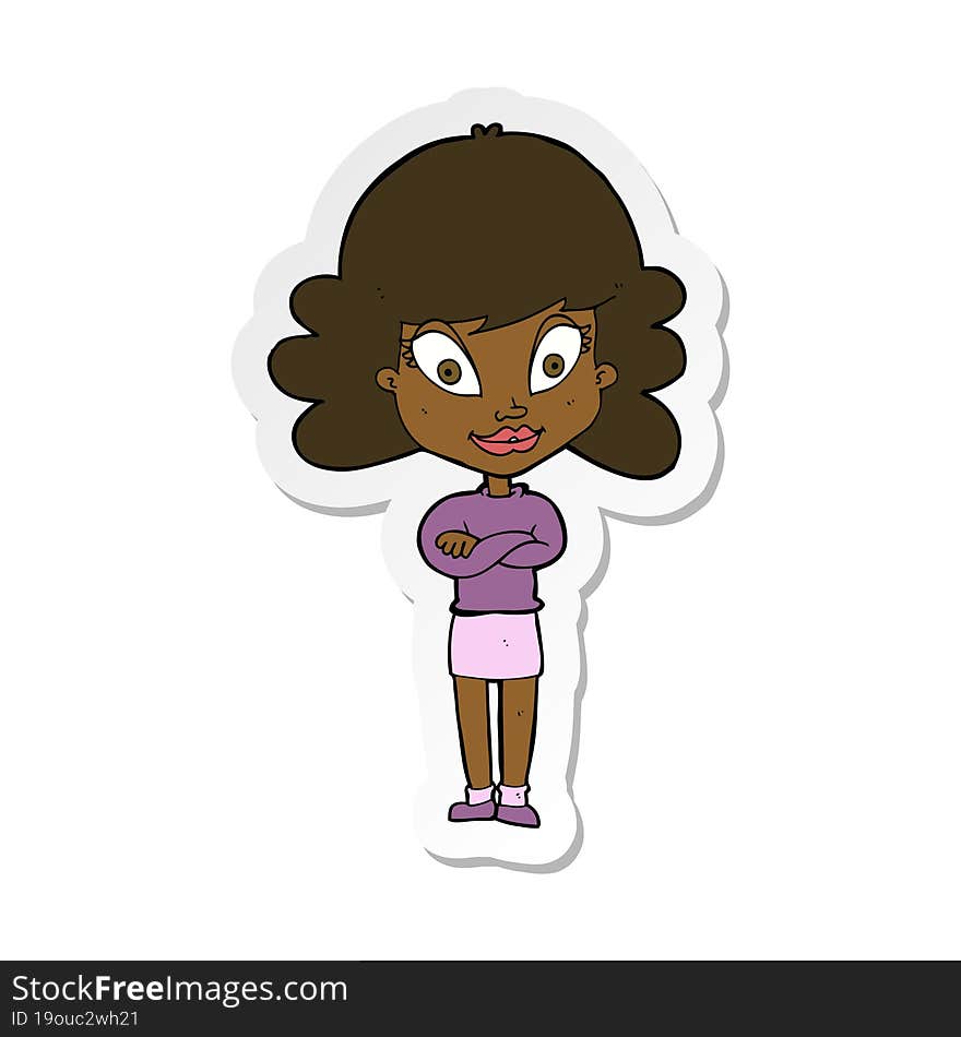 Sticker Of A Cartoon Happy Woman With Folded Arms