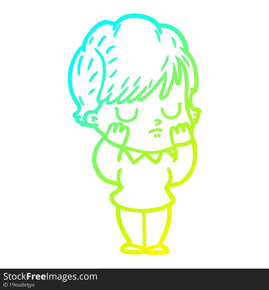 cold gradient line drawing of a cartoon woman