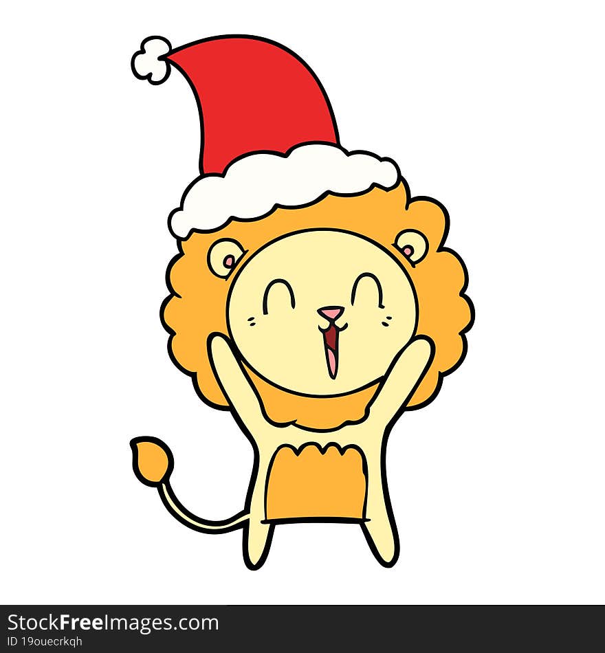 laughing lion hand drawn line drawing of a wearing santa hat. laughing lion hand drawn line drawing of a wearing santa hat