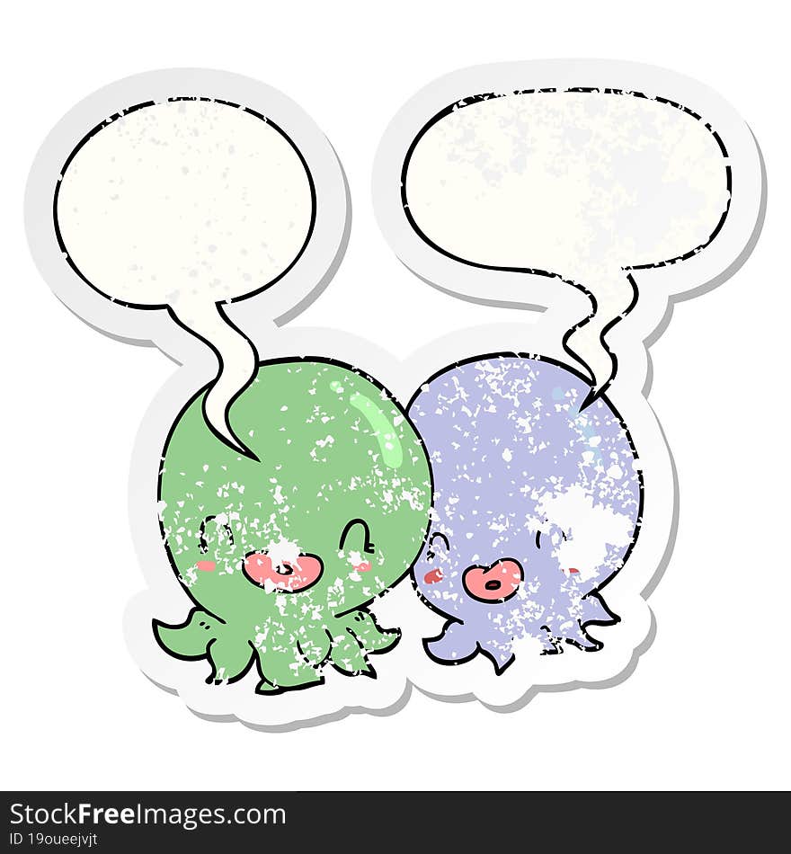 two cartoon octopi  and speech bubble distressed sticker