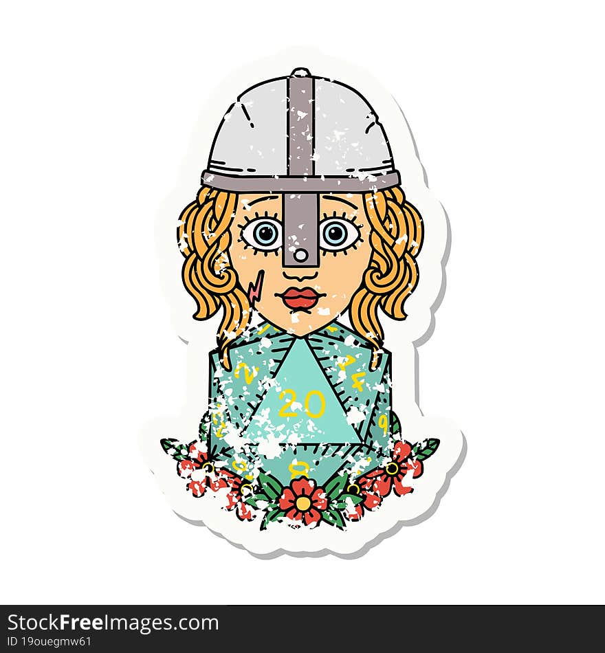 grunge sticker of a human fighter with natural 20 D20 dice roll. grunge sticker of a human fighter with natural 20 D20 dice roll