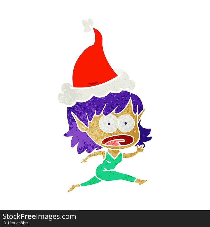 retro cartoon of a shocked elf girl wearing santa hat