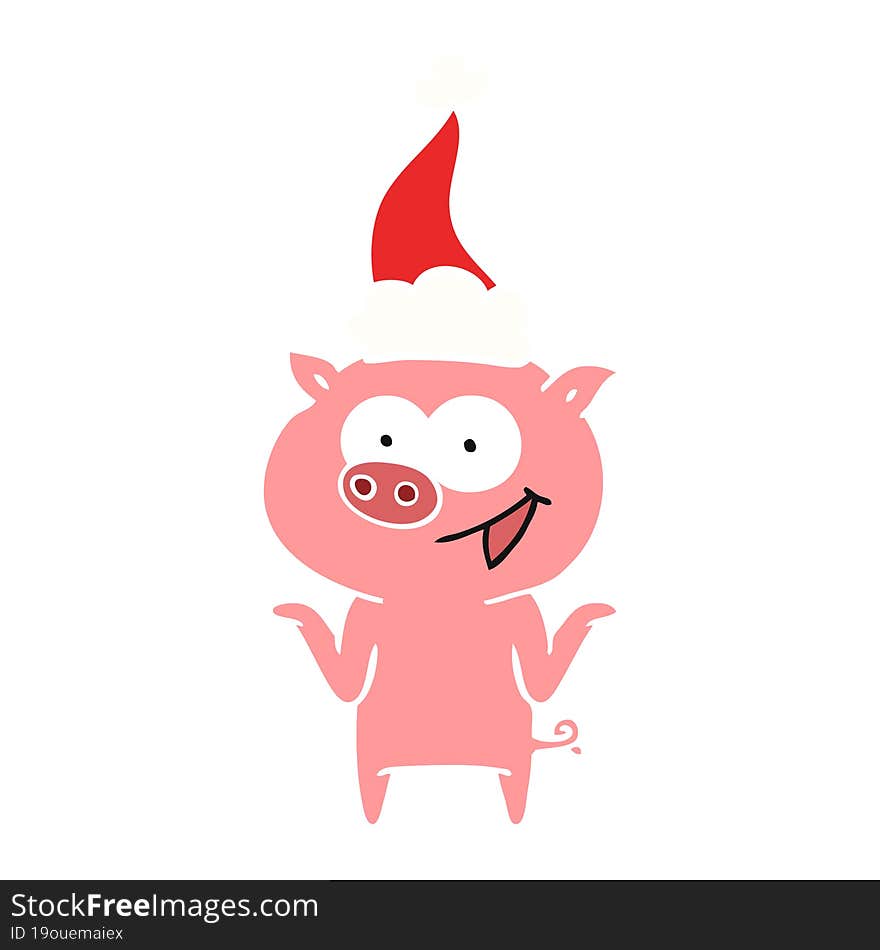 flat color illustration of a pig with no worries wearing santa hat