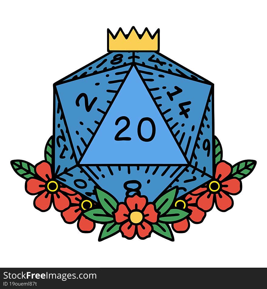 Natural 20 D20 Dice Roll With Floral Elements Illustration