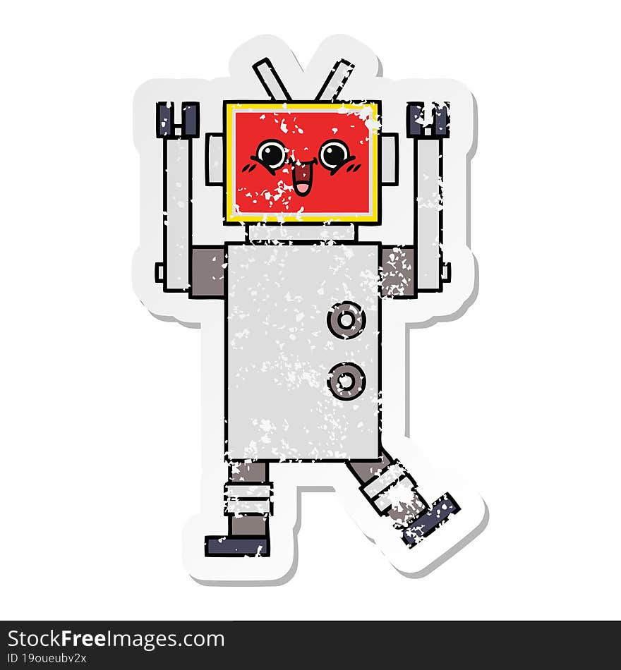 Distressed Sticker Of A Cute Cartoon Happy Robot