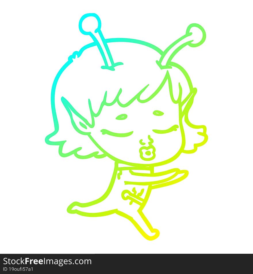 cold gradient line drawing of a cartoon alien girl