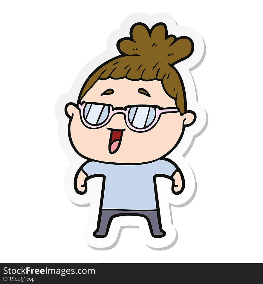 sticker of a cartoon happy woman wearing spectacles