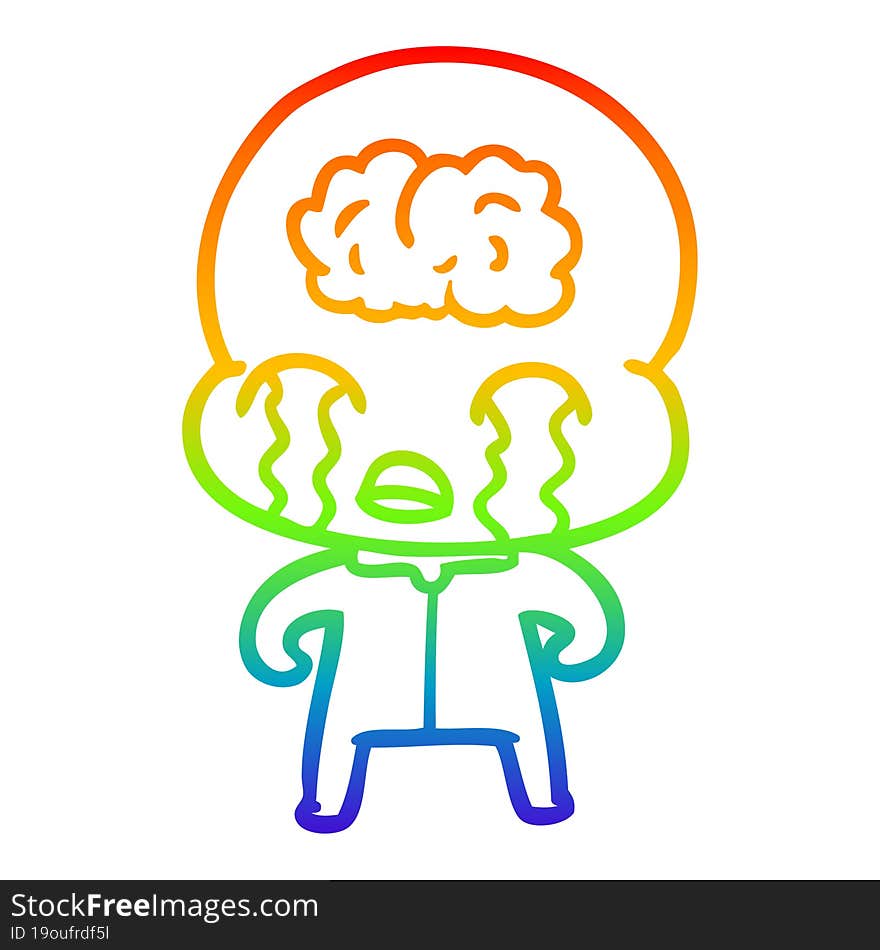 Rainbow Gradient Line Drawing Cartoon Big Brain Alien Crying