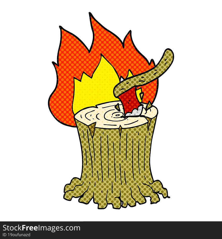 cartoon axe in flaming tree stump