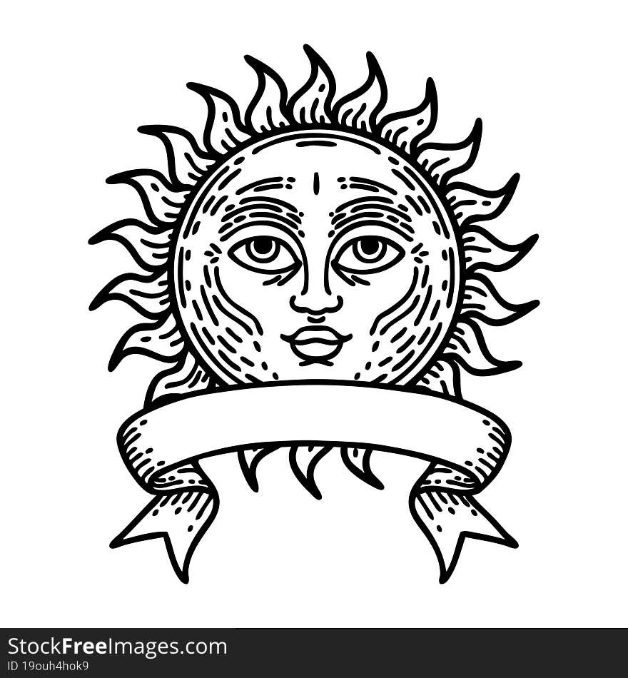 Black Linework Tattoo With Banner Of A Sun With Face