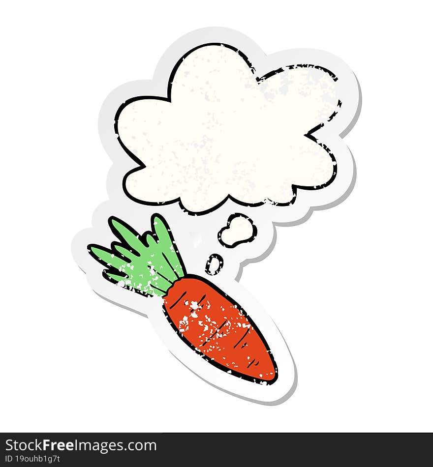 cartoon carrot and thought bubble as a distressed worn sticker